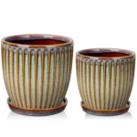 2 Pcs Ceramic Pots 4.9 &5.7 inch Plant Flowers Pots with Saucer and Drainage Holes Brown
